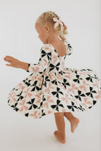 Load image into Gallery viewer, 3/4 Sleeve Twirl Dress in Vintage Pink and Black Bows