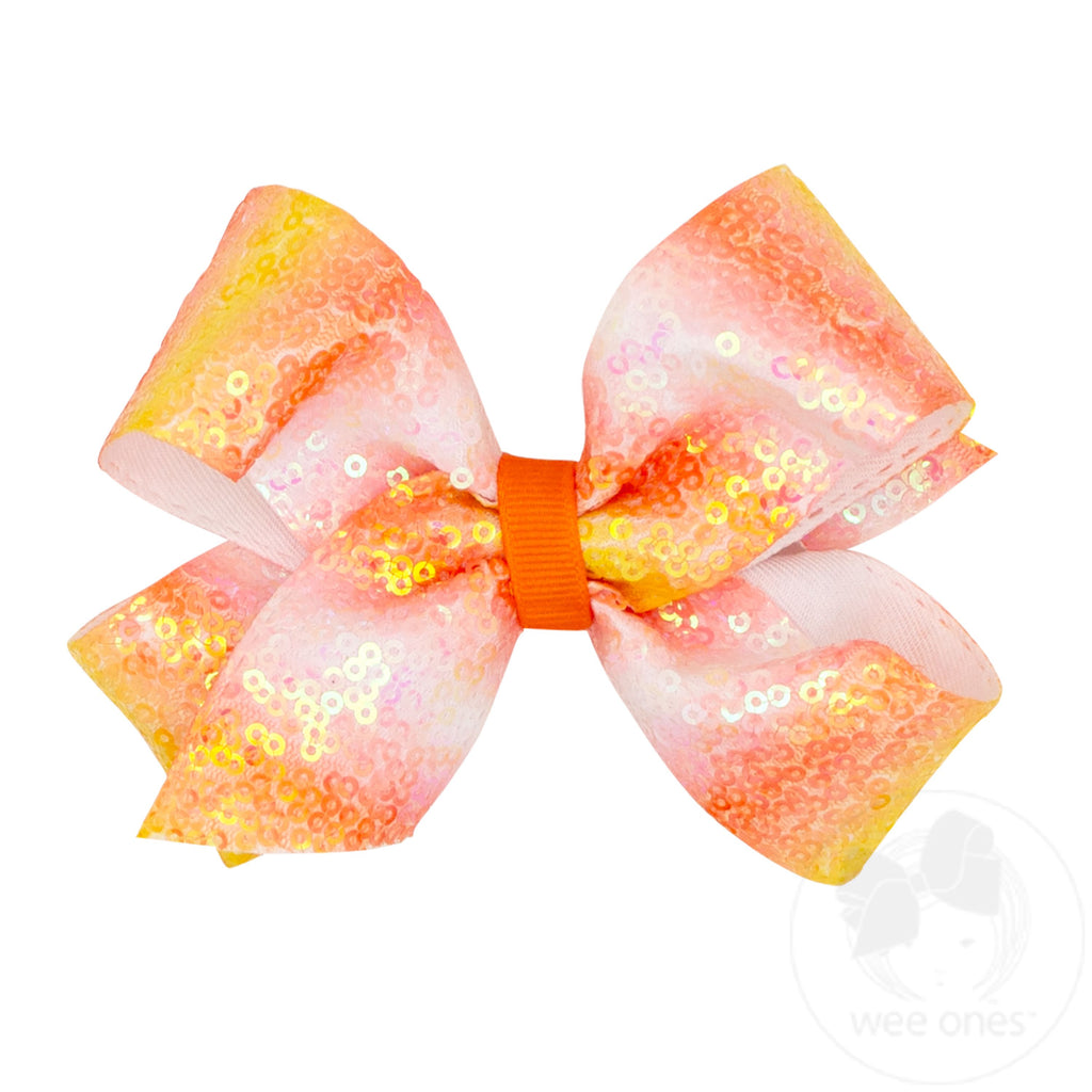 Medium Orange Ombre Stripe Print Sequin Hair Bow