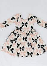 Load image into Gallery viewer, 3/4 Sleeve Twirl Dress in Vintage Pink and Black Bows
