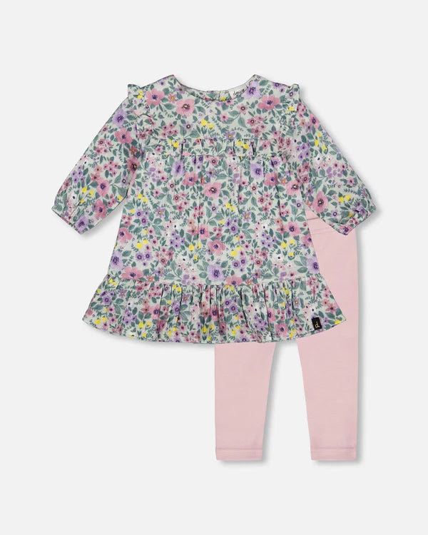 Sage Floral Muslin Dress & Leggings Set