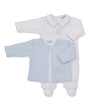 Load image into Gallery viewer, Giraffe Laughs White Footie &amp; Blue Jacquard Jacket Set
