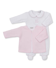 Load image into Gallery viewer, Giraffe Laughs White Footie &amp; Pink Jacquard Jacket Set
