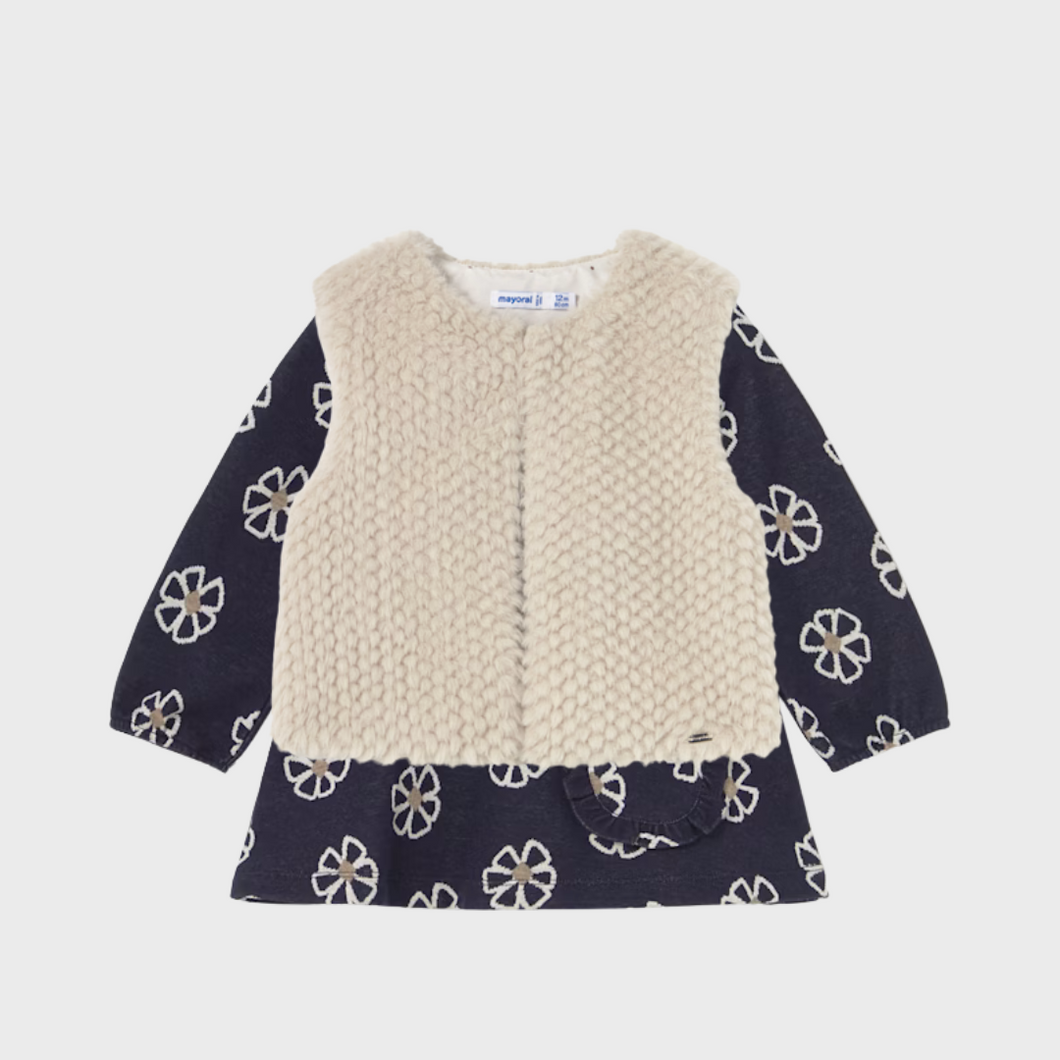 Toddler Jacquard Dress & Fur Vest Set