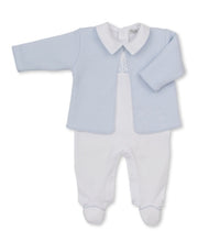Load image into Gallery viewer, Giraffe Laughs White Footie &amp; Blue Jacquard Jacket Set
