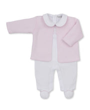 Load image into Gallery viewer, Giraffe Laughs White Footie &amp; Pink Jacquard Jacket Set
